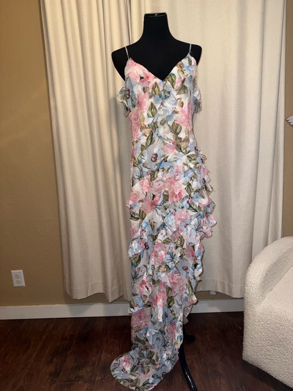Elliatt Floral Ruffle Maxi Dress in Pink, Blue and Green